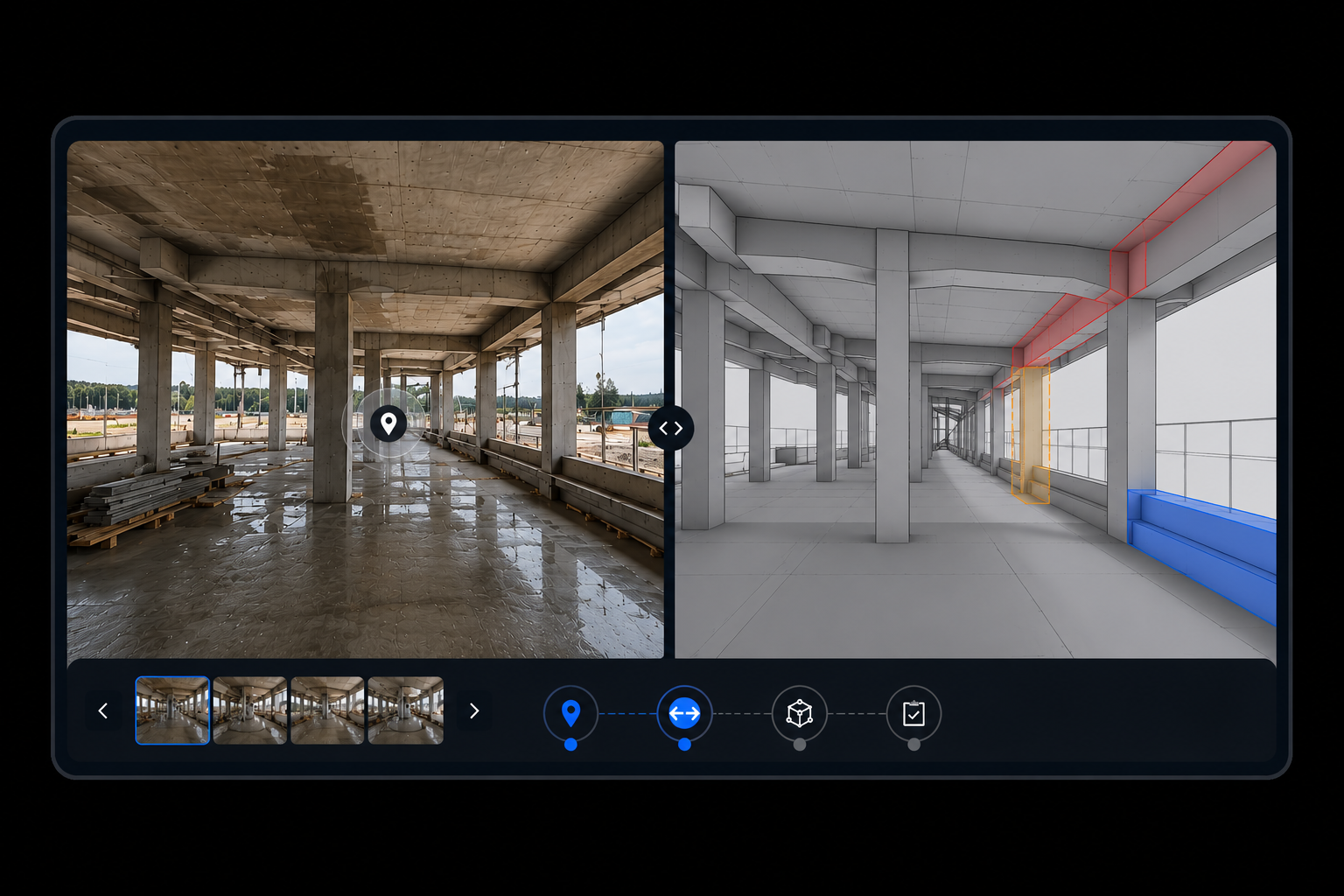 360° site reality next to BIM model from the same viewpoint