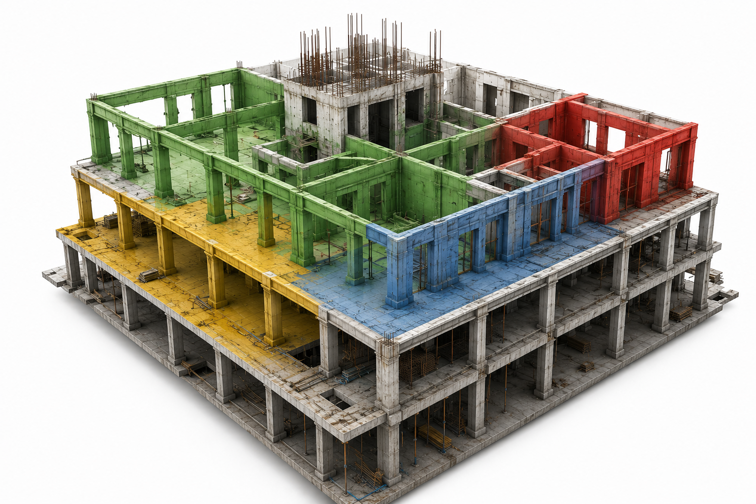 3D BIM model with elements coloured by progress status