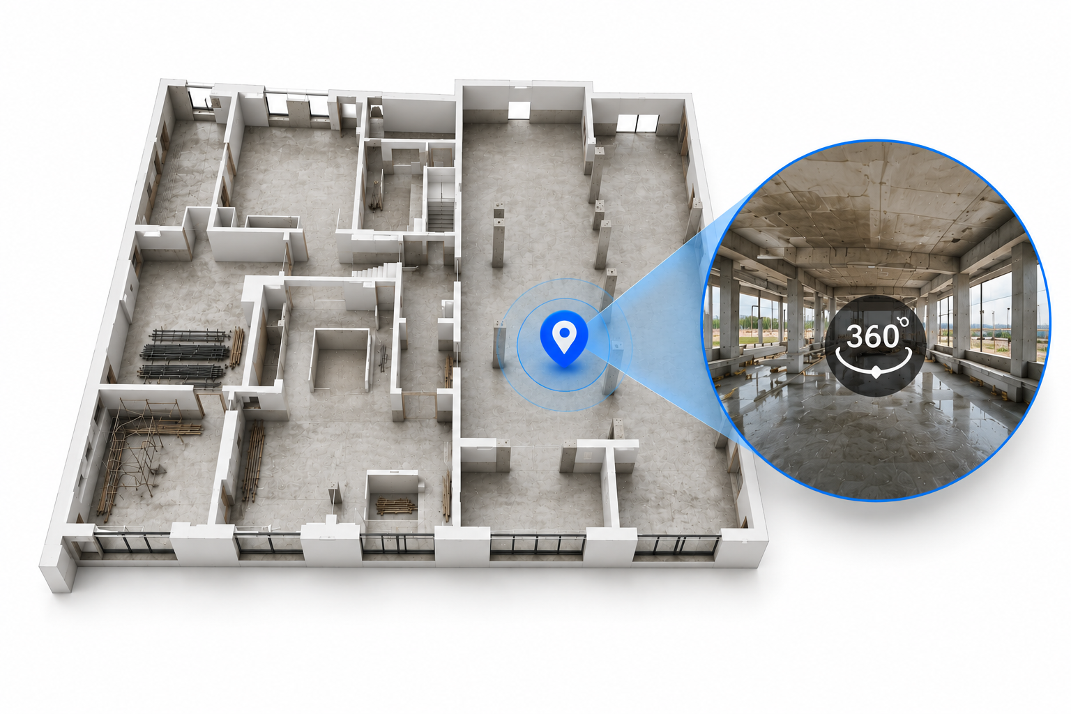 360° panorama pinned on the floor plan, dropped into a walkable site view